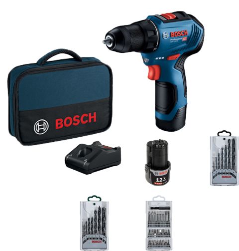 Akumulatorska bušilica - odvrtač Bosch GSR 12V-30 + 39-delni set pribora; 2x2,0Ah (06019G9001)