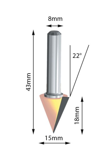 Dvopero glodalo za V kanale-žljebove širina 15mm, ugao 22 stepena, prihvat 8mm FUL H3.220.C
