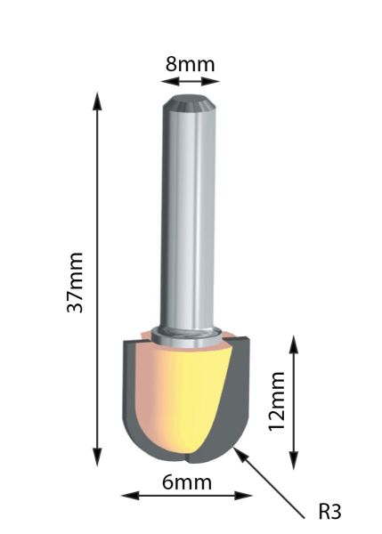 Loptasto glodalo za oble žljebove širina 6mm, radijus 3mm, prihvat 8mm FUL H11.030.C